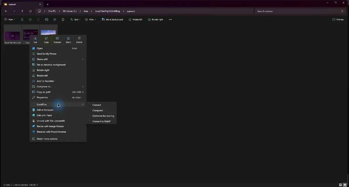 Windows 11 File Explorer showing all four LocalFlux right-click actions.