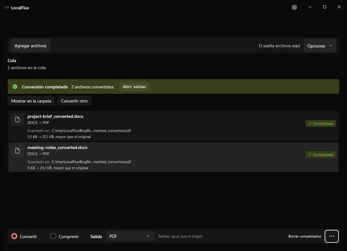 Conversiones a PDF correctas en LocalFlux con acceso a los archivos de salida de demostración.