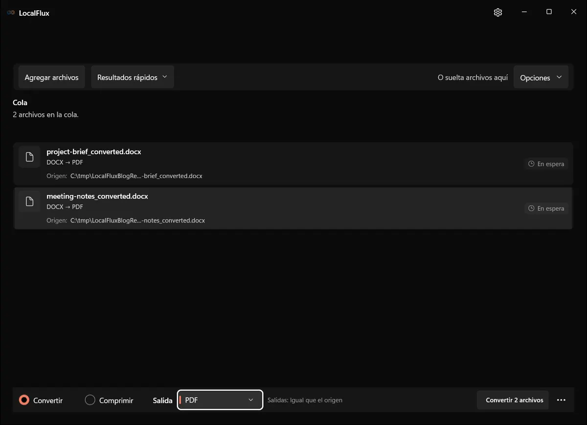 Dos documentos de clientes de demostración en la cola de LocalFlux con salida PDF.