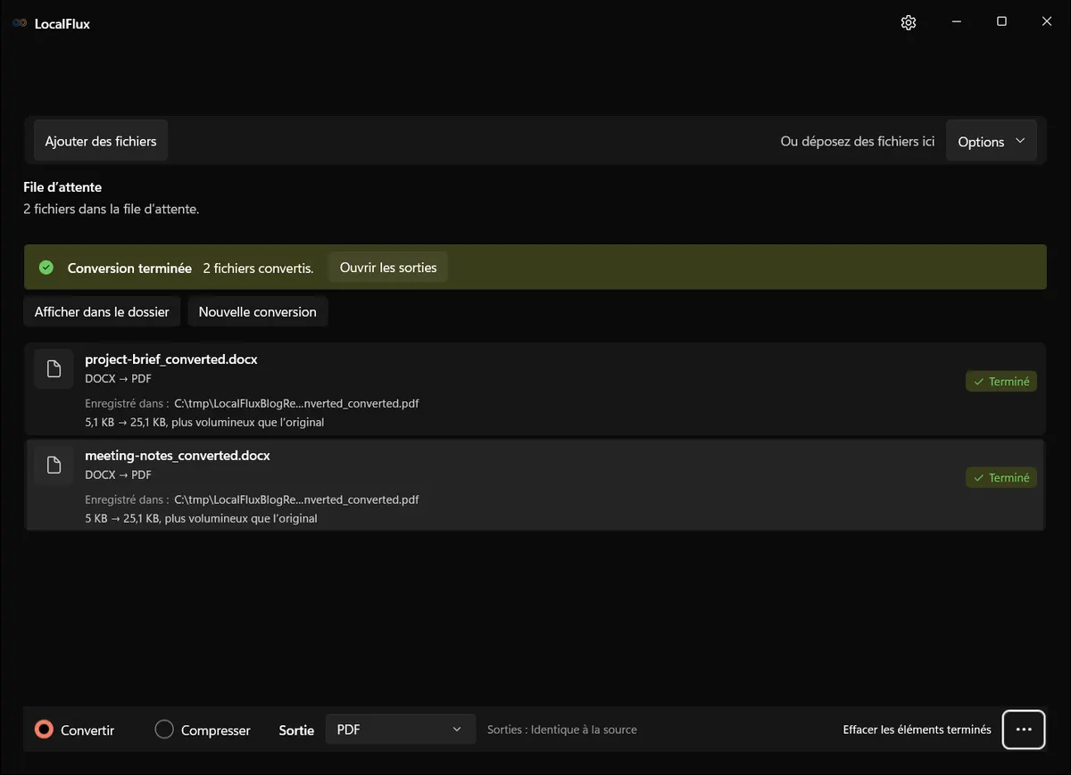 Conversions PDF réussies dans LocalFlux avec accès aux sorties des documents de démonstration.