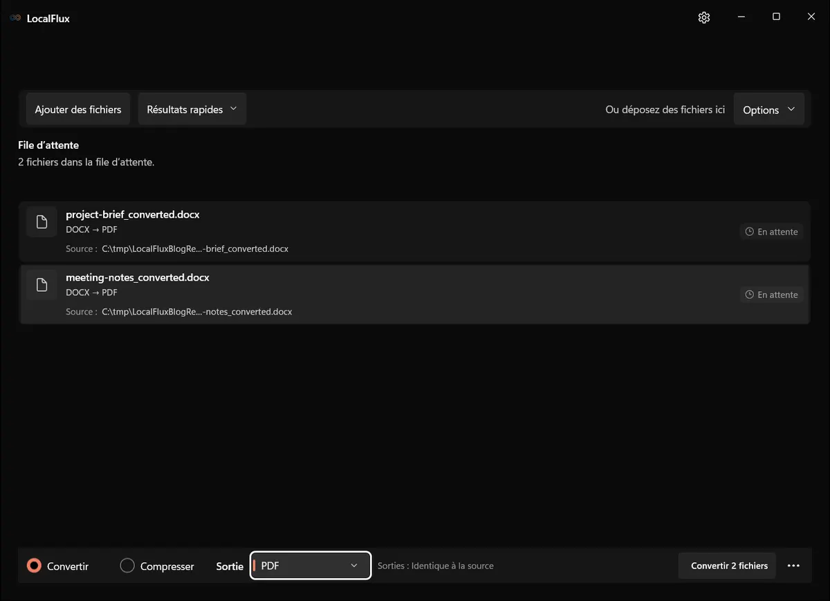 Deux documents clients de démonstration dans LocalFlux avec PDF sélectionné en sortie.
