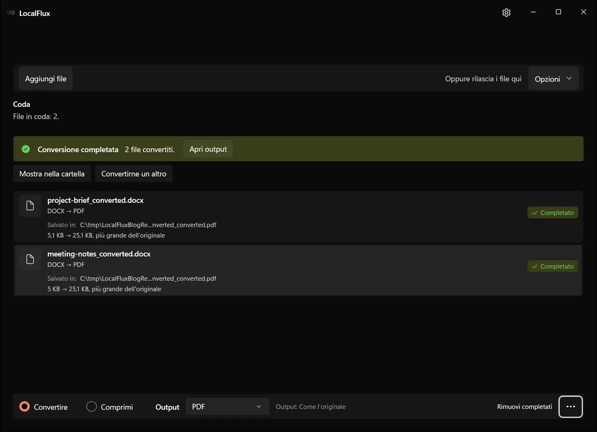 Conversioni PDF riuscite in LocalFlux con accesso agli output dei documenti dimostrativi.
