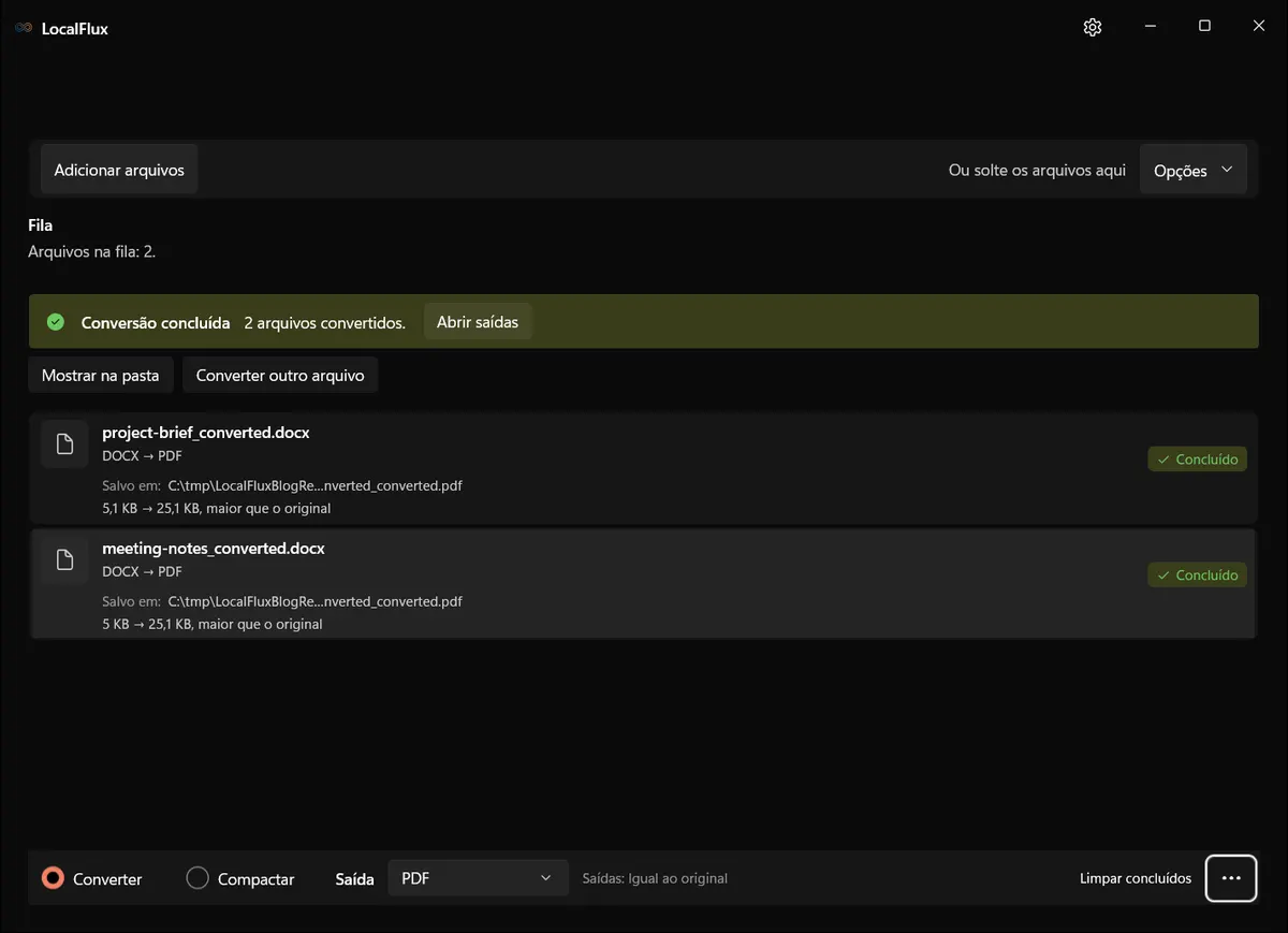 Conversões para PDF bem-sucedidas no LocalFlux com acesso às saídas dos documentos de demonstração.