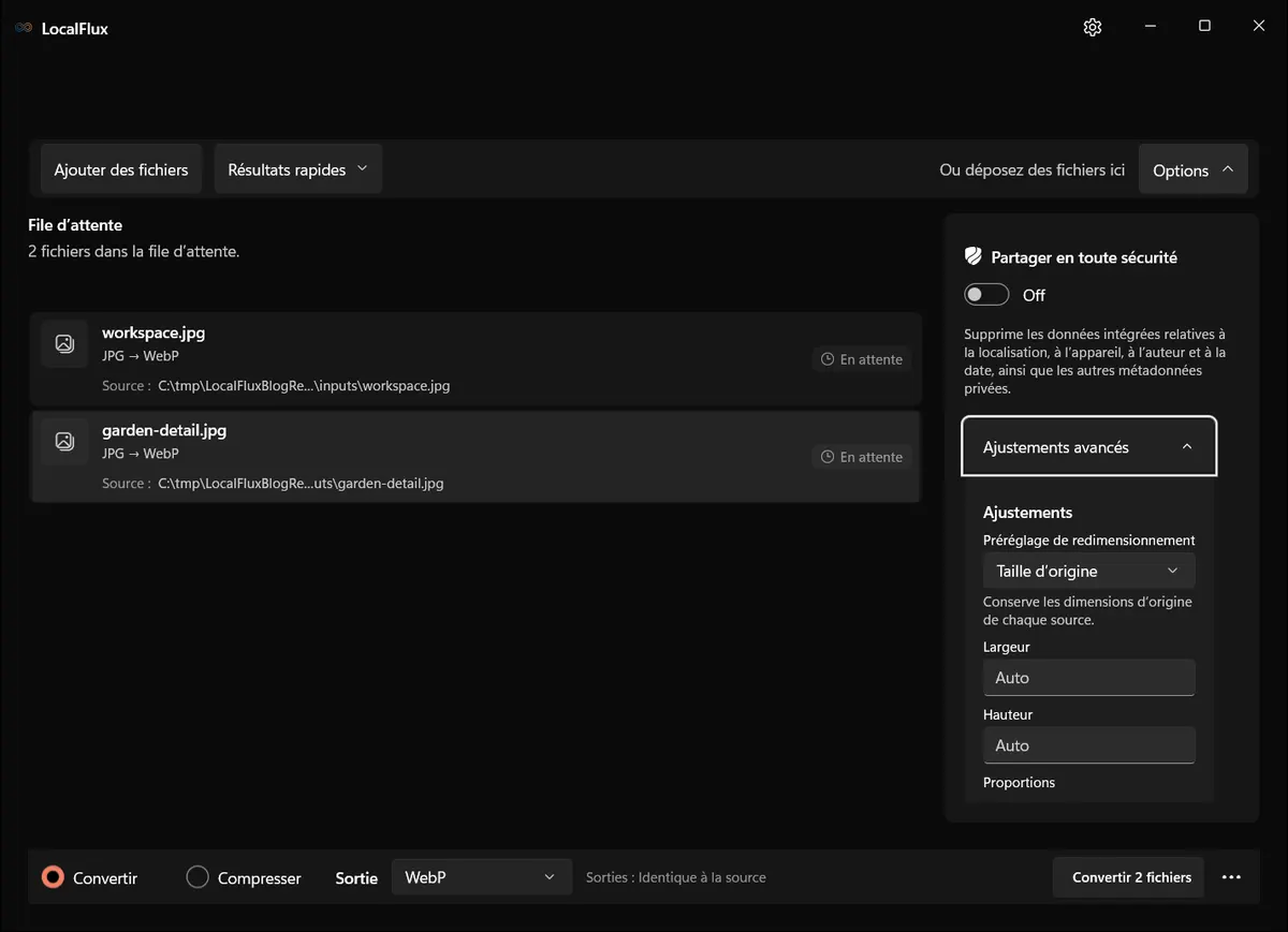 Images de campagne configurées dans LocalFlux pour une sortie WebP.