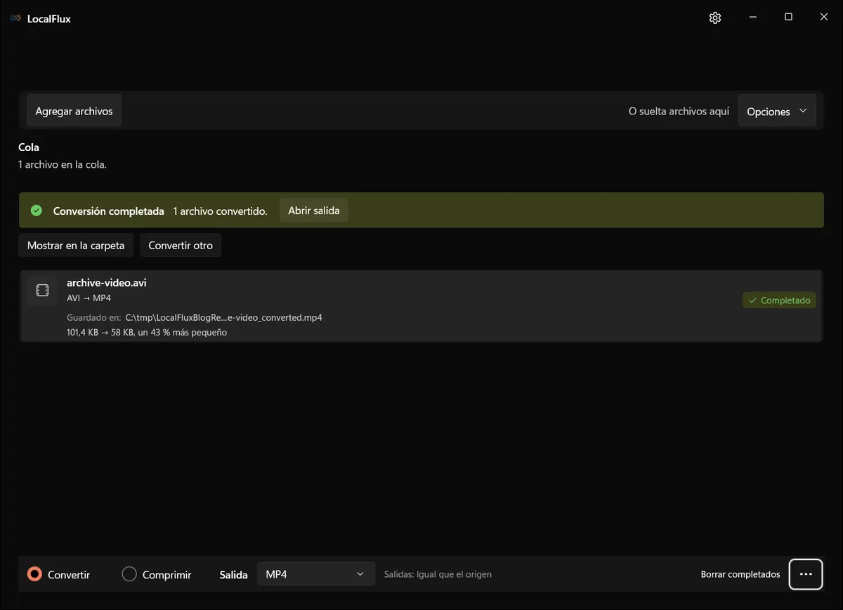 Resultado completado en LocalFlux: AVI → MP4