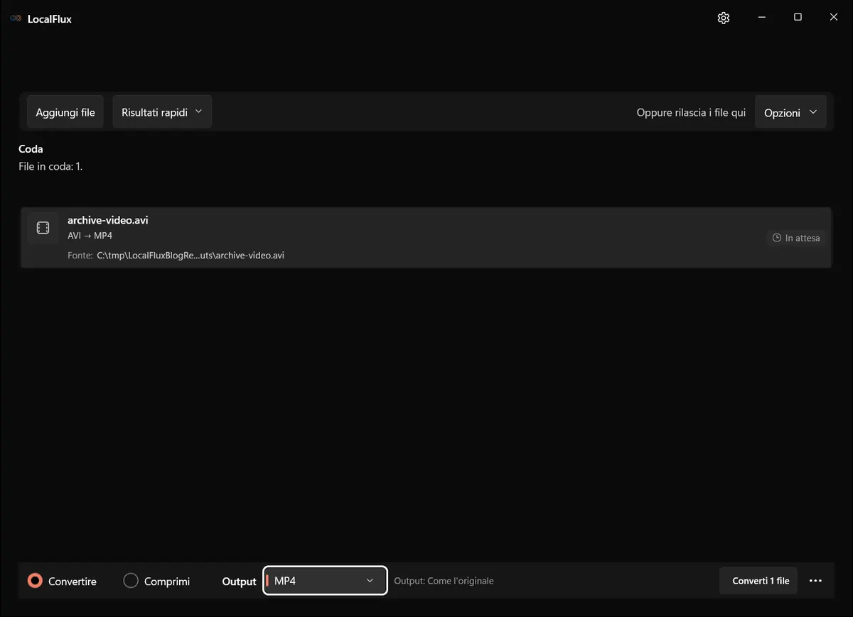 Flusso di lavoro di LocalFlux per convertire AVI in MP4 su Windows senza caricare file online.