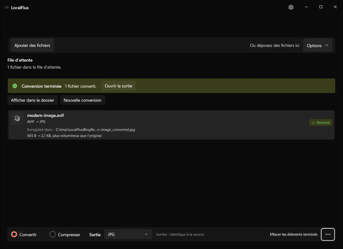 Résultat terminé dans LocalFlux: AVIF → JPG / PNG