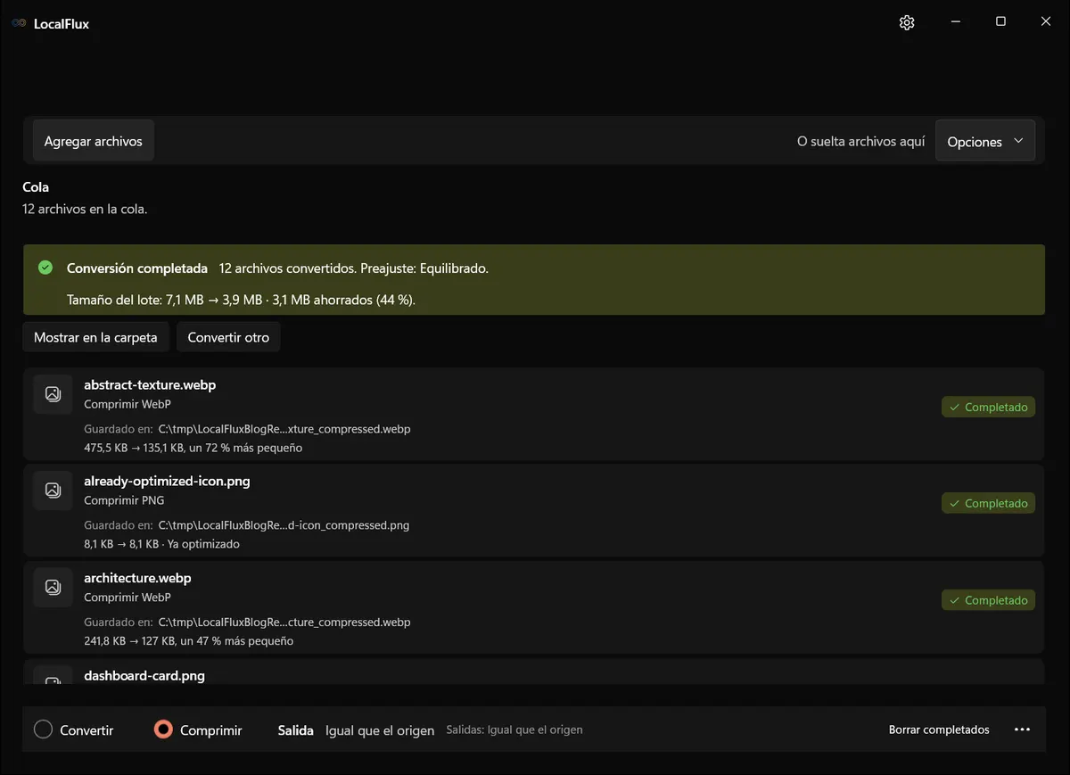 Los 12 archivos terminados con el ajuste Equilibrado.