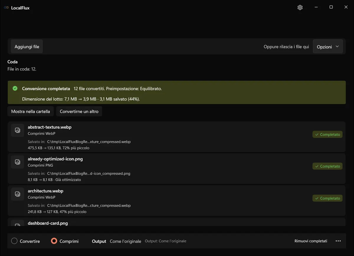LocalFlux segnala il completamento di tutti i 12 file con il preset Bilanciato e mostra una destinazione sotto C:\tmp.