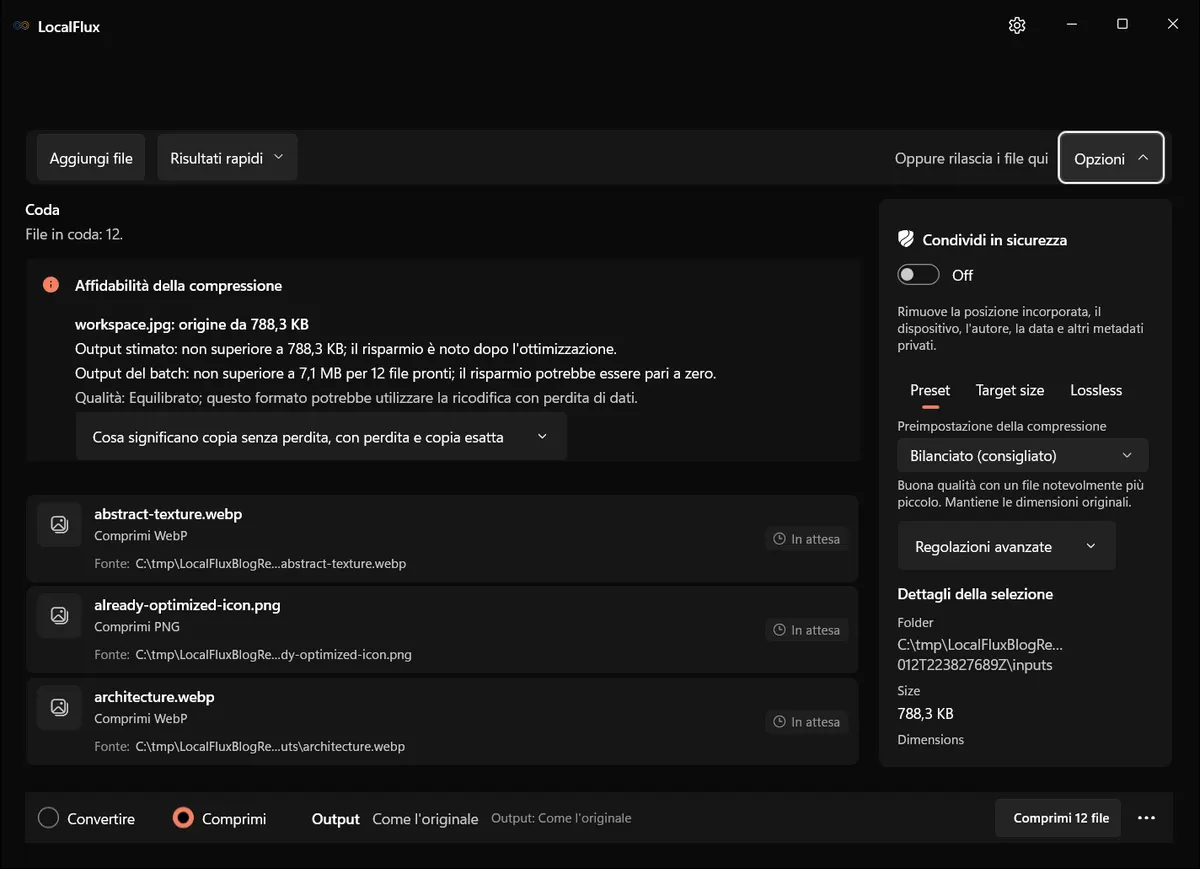 Opzioni di compressione delle immagini di LocalFlux con il preset Bilanciato consigliato selezionato.