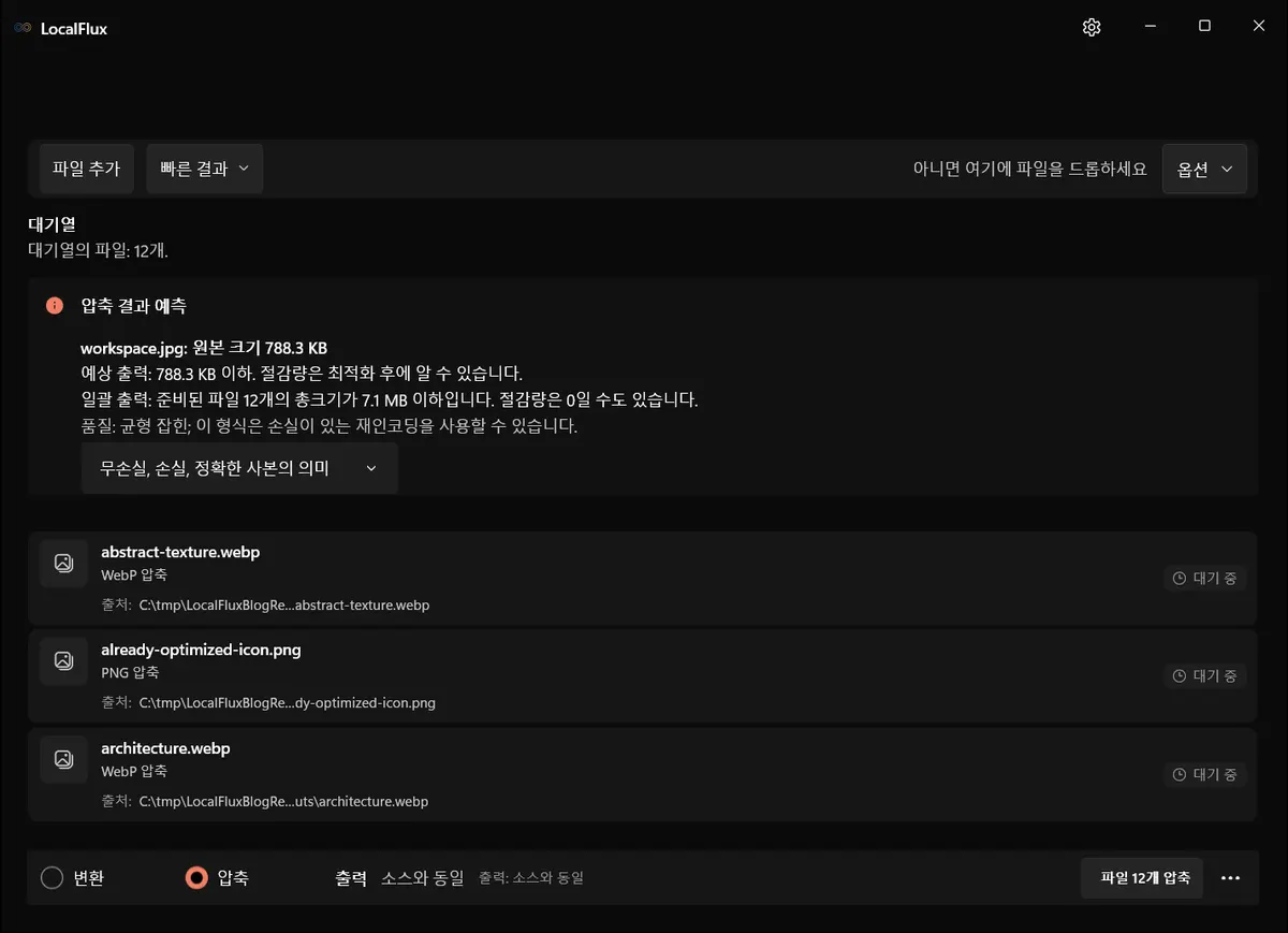 서로 다른 이미지 파일 12개가 압축 모드에 준비되어 있고 중립적인 C:\tmp 원본 경로가 표시된 LocalFlux.