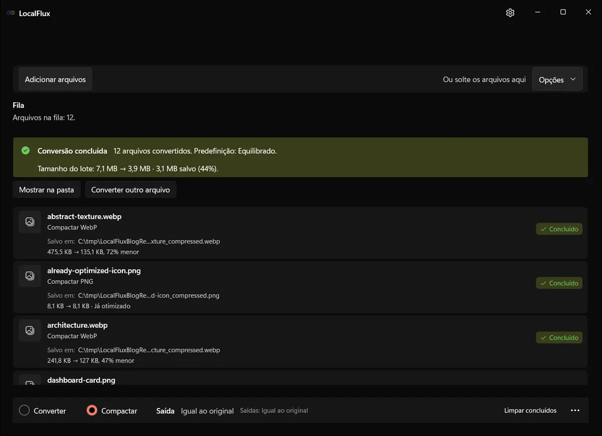 LocalFlux informando que todos os 12 arquivos foram concluídos com o preset Equilibrado e mostrando um destino em C:\tmp.