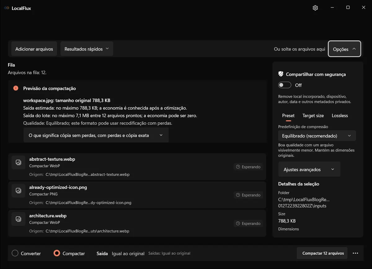 Opções de compactação de imagem do LocalFlux com o preset recomendado Equilibrado selecionado.