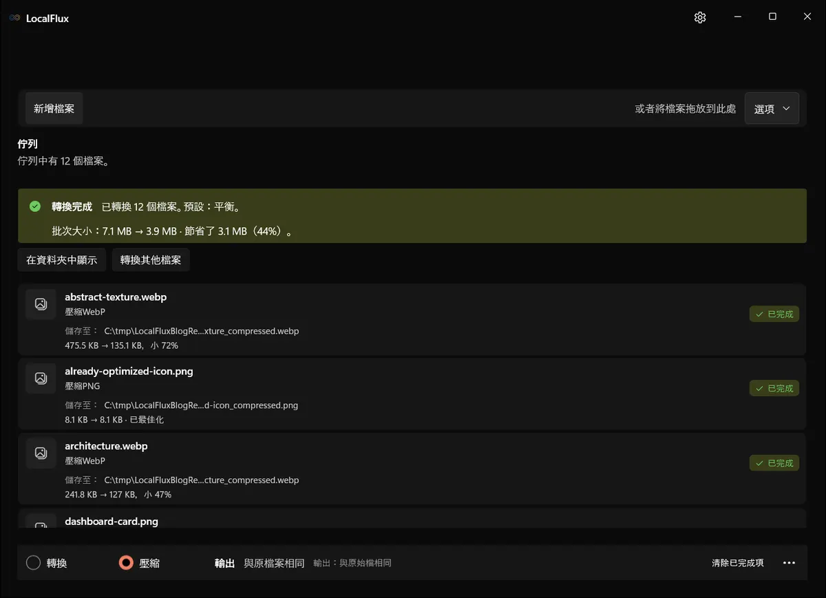 LocalFlux 回報採用「平衡」預設的 12 個檔案全數完成,目的地為 C:\tmp。