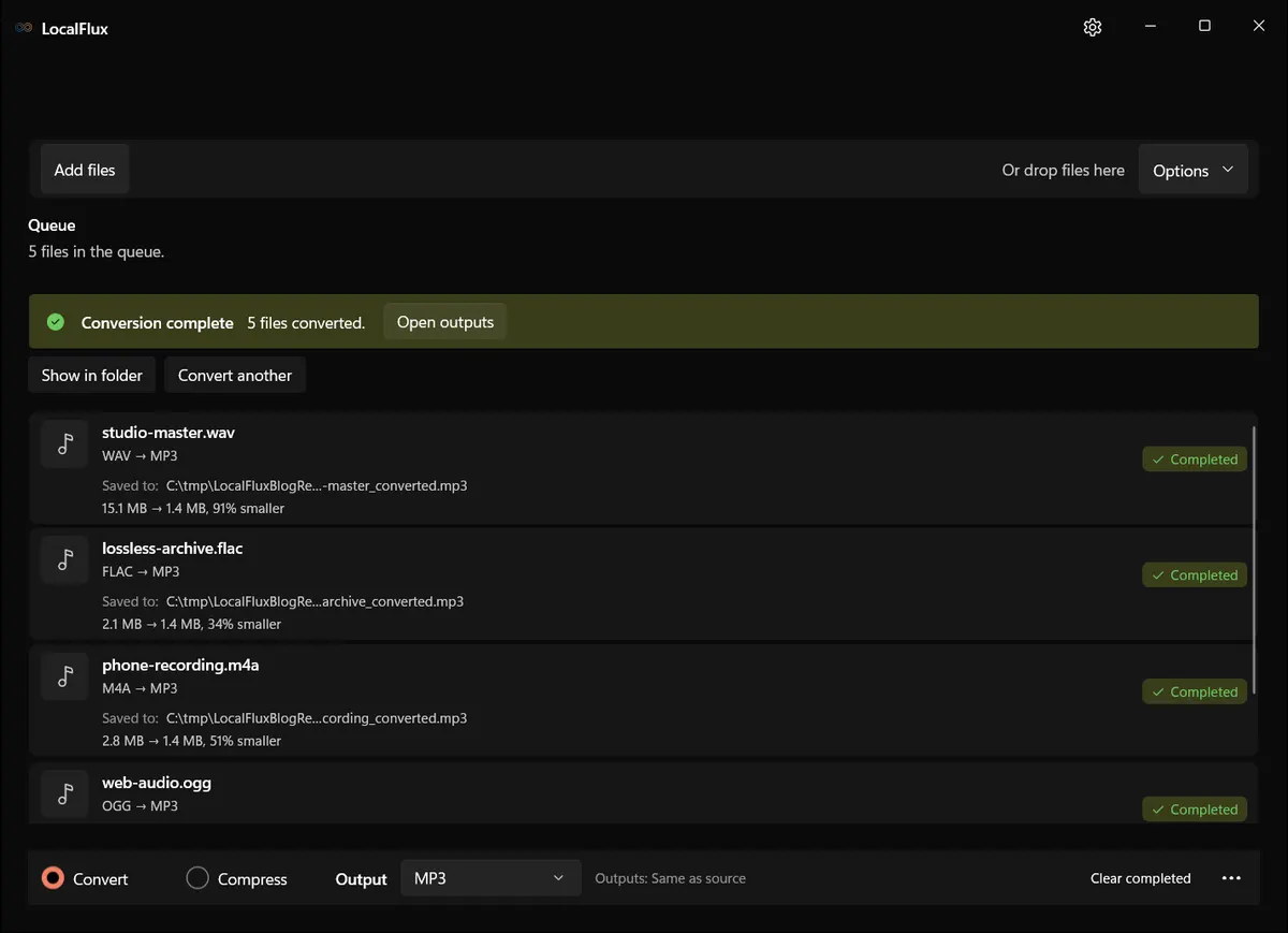 LocalFlux showing five completed MP3 files after a local batch audio conversion