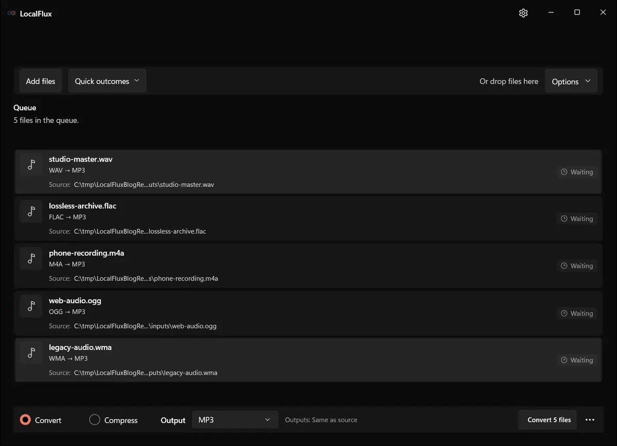 LocalFlux with five WAV, FLAC, M4A, OGG, and WMA files ready for MP3 conversion