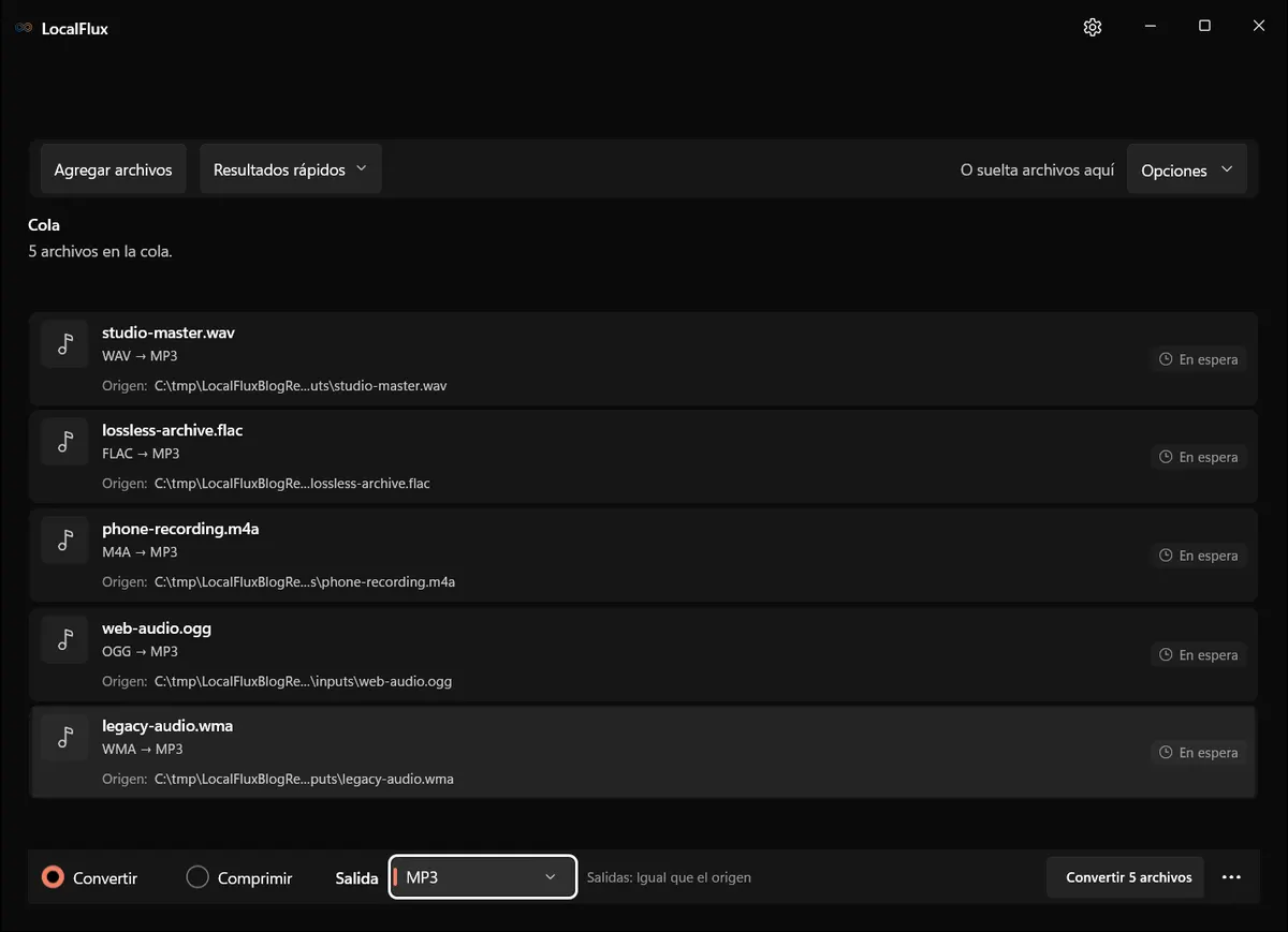 Cola localizada de LocalFlux preparada para una conversión por lotes