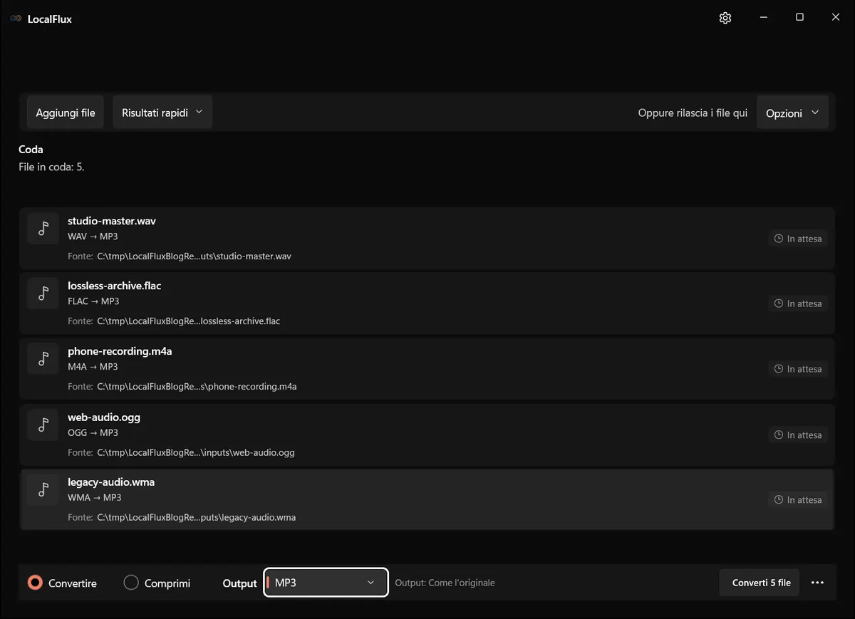 Coda LocalFlux localizzata pronta per una conversione in batch