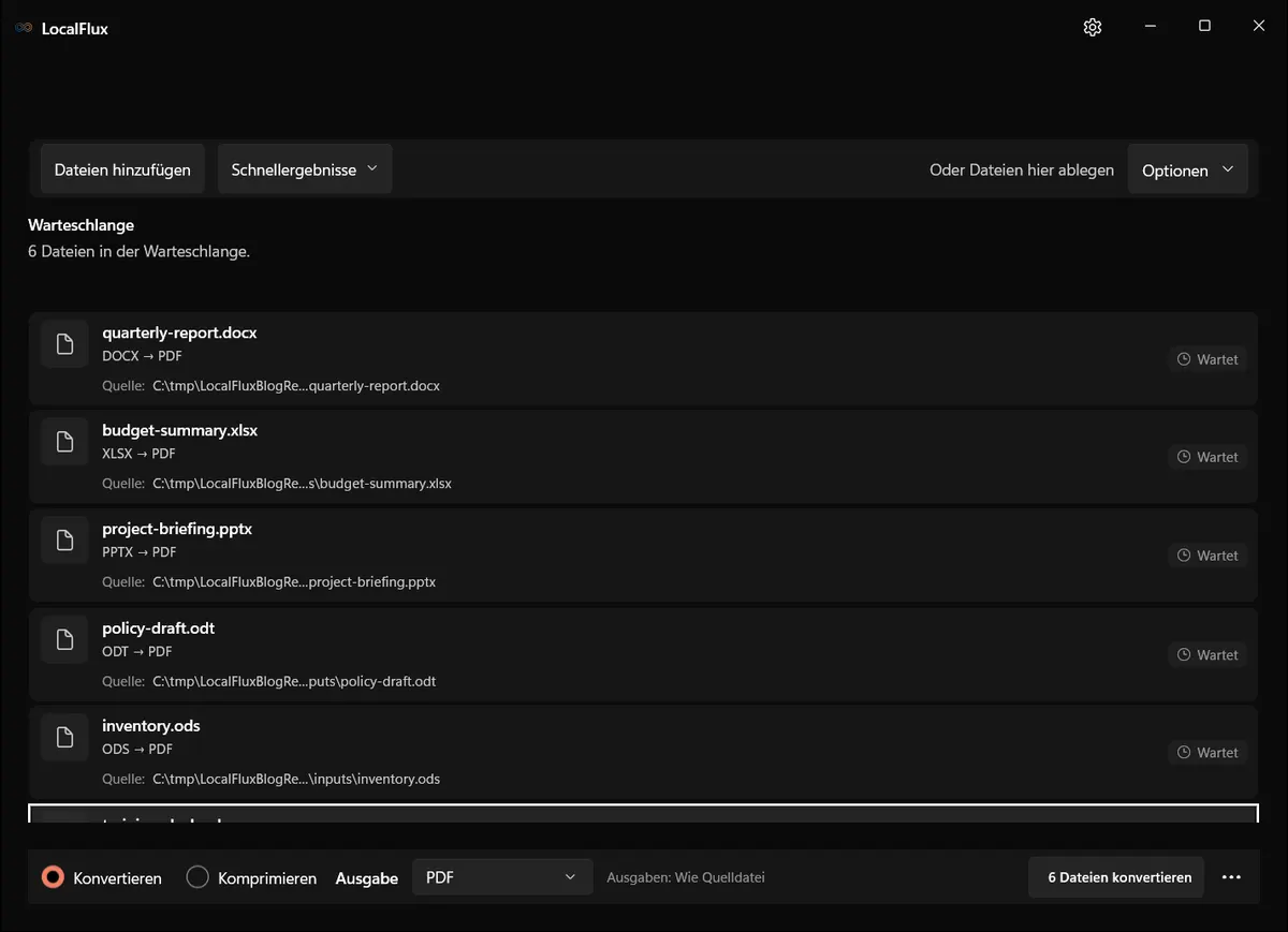 Lokalisierte LocalFlux-Warteschlange für eine Stapelkonvertierung