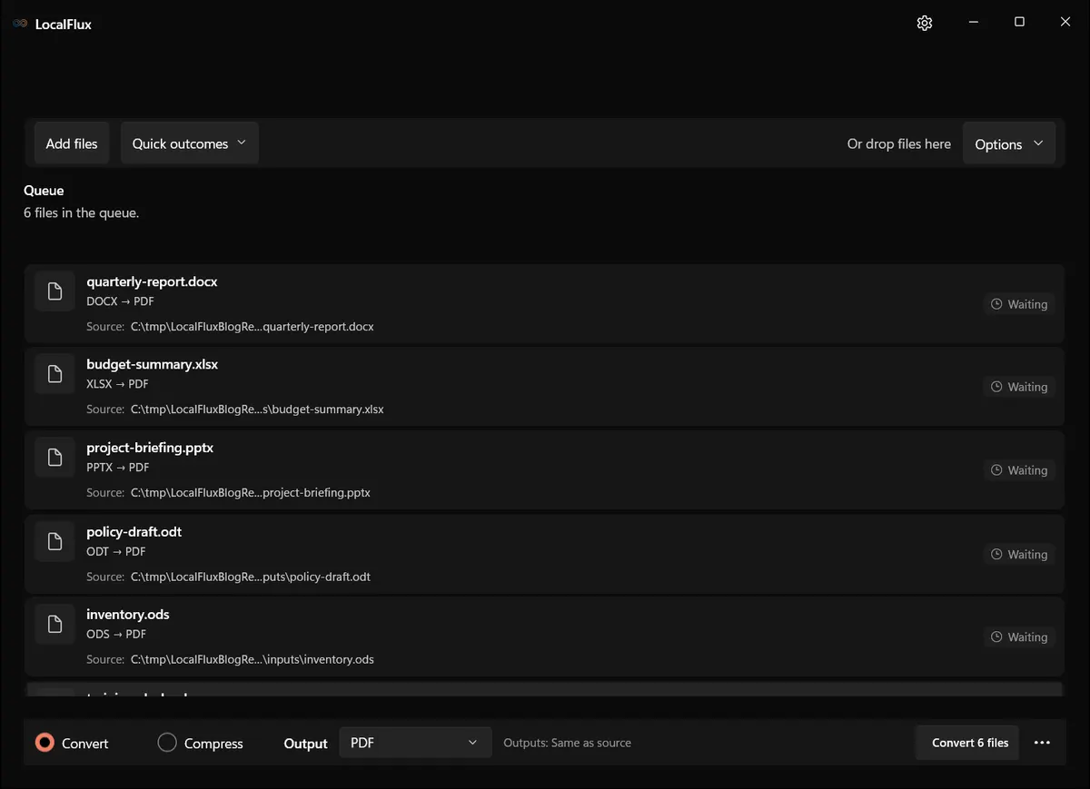 LocalFlux with six DOCX, XLSX, PPTX, ODT, ODS, and ODP files ready for PDF conversion