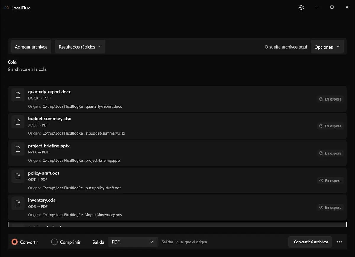 Cola localizada de LocalFlux preparada para una conversión por lotes