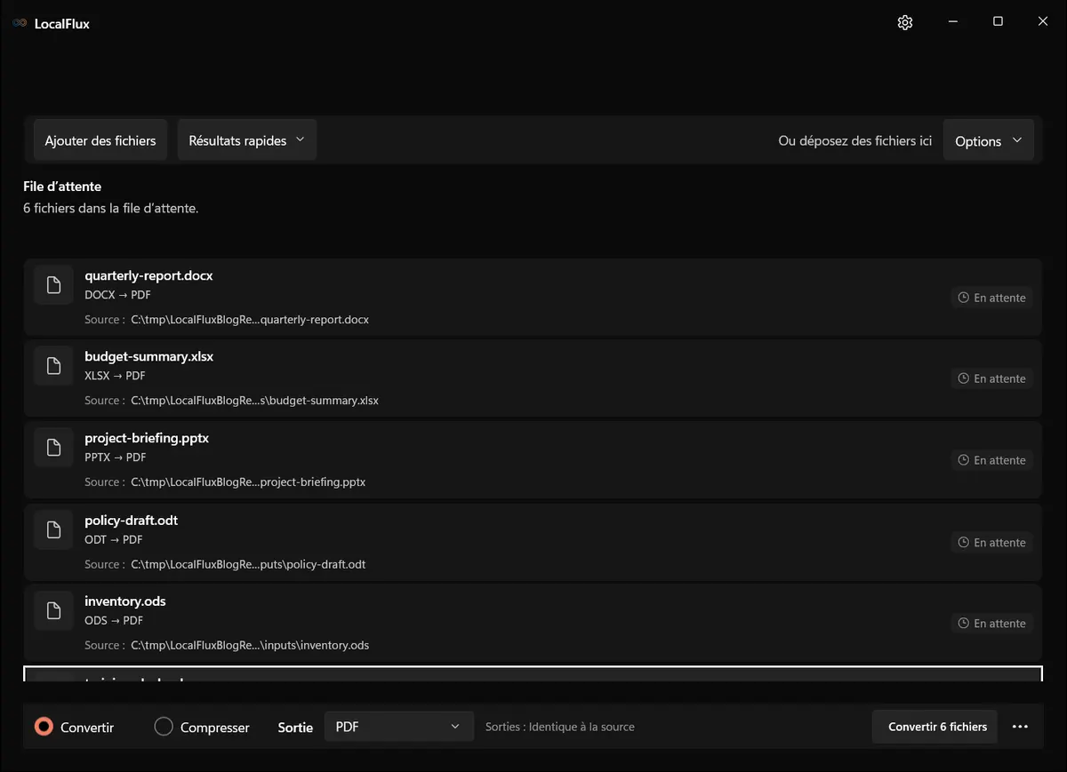 File LocalFlux localisée prête pour une conversion par lot