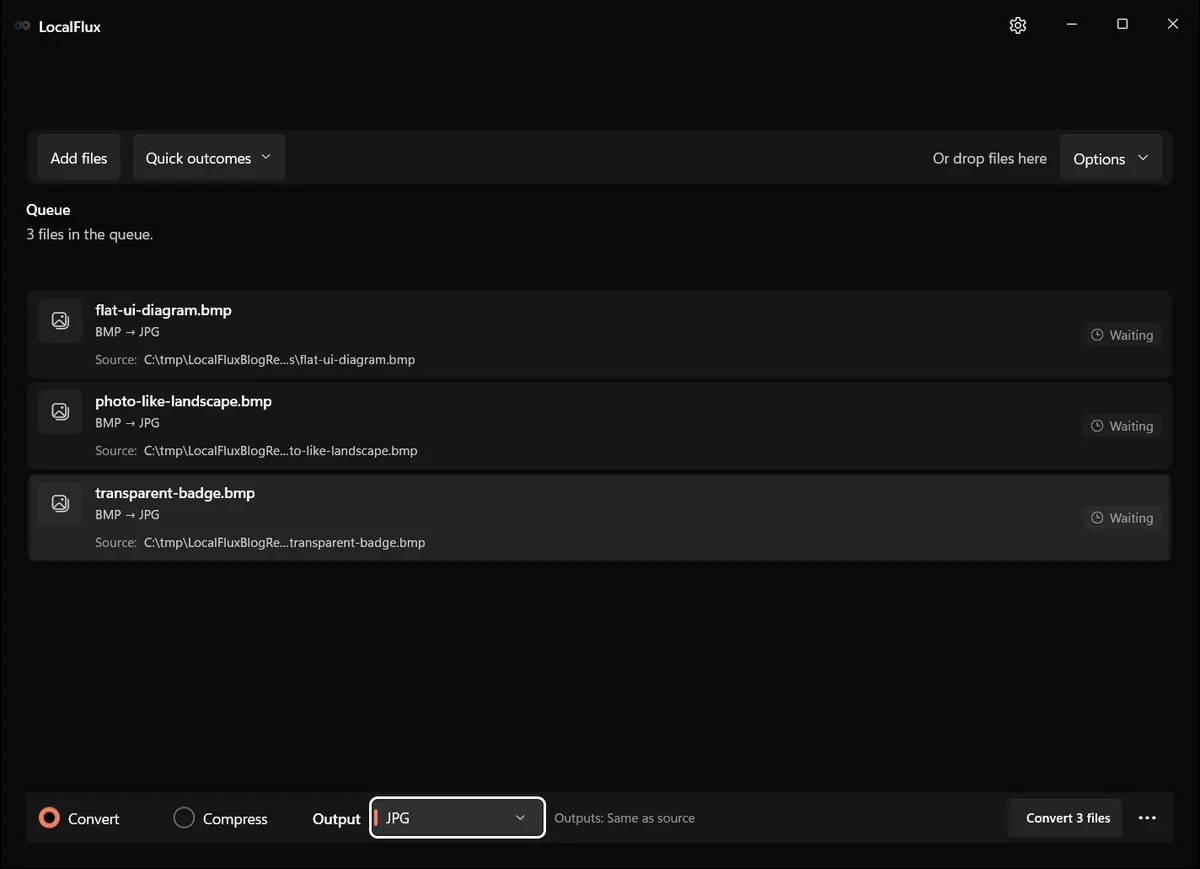 Three BMP files queued for JPG output in LocalFlux