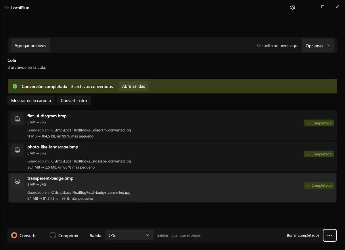 Lote de BMP a JPG completado en LocalFlux