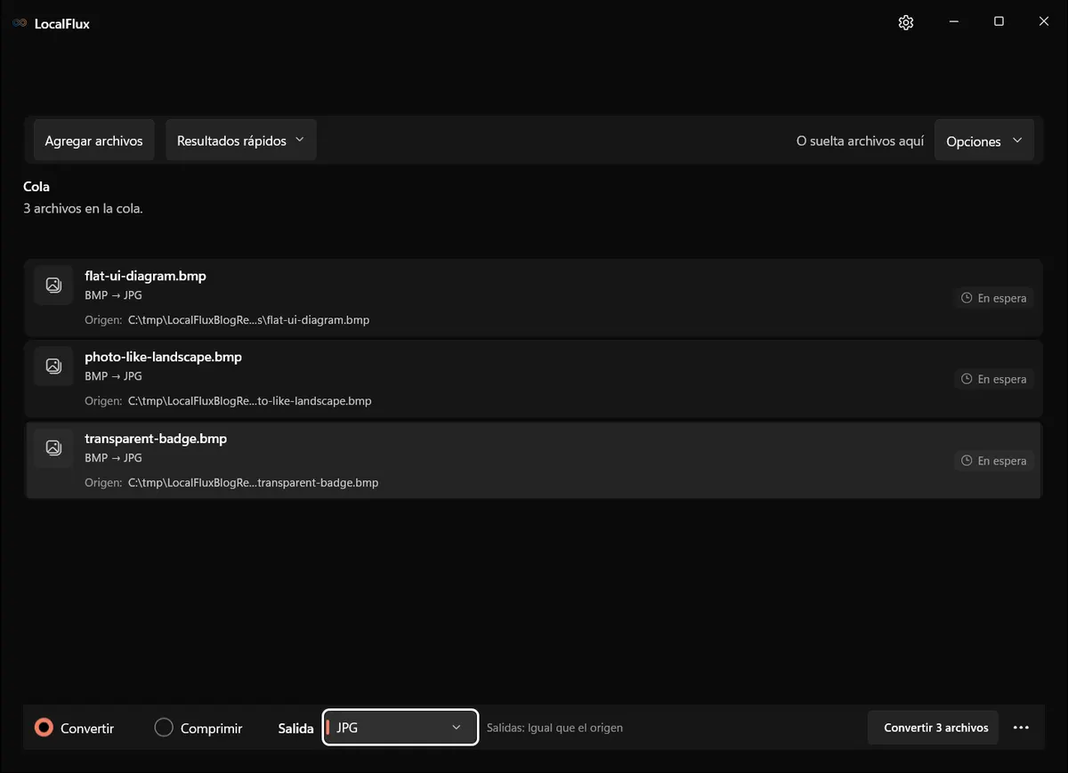 Tres archivos BMP preparados para convertirse a JPG en LocalFlux
