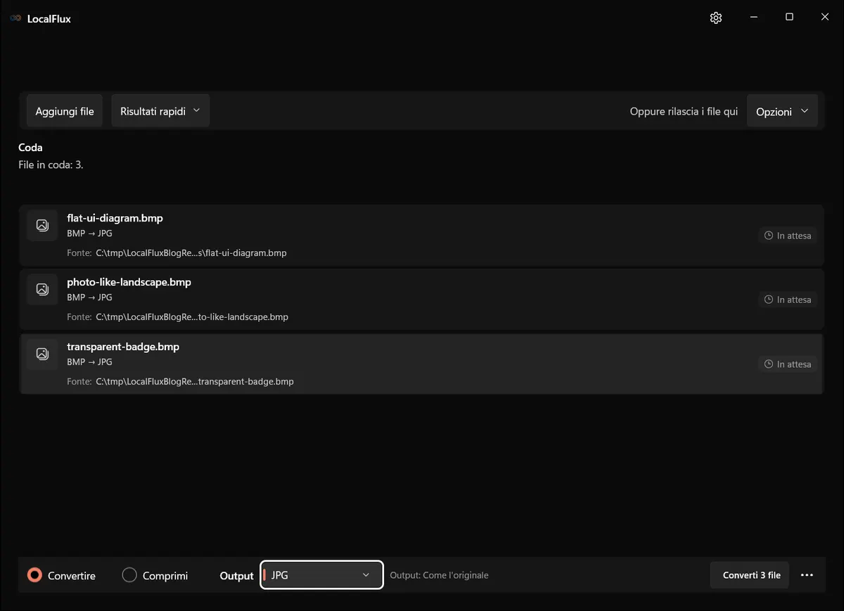 Tre file BMP in coda per l'output JPG in LocalFlux