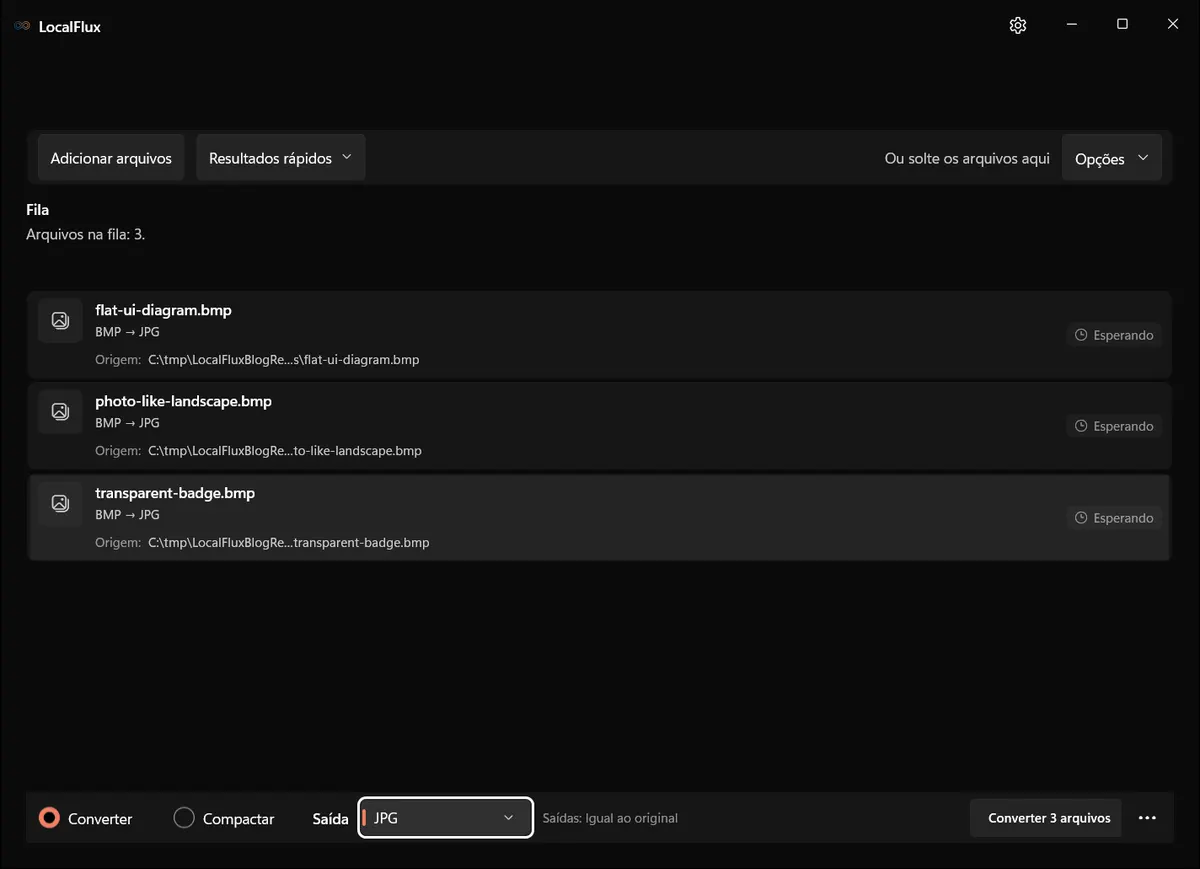 Três arquivos BMP na fila do LocalFlux para saída em JPG