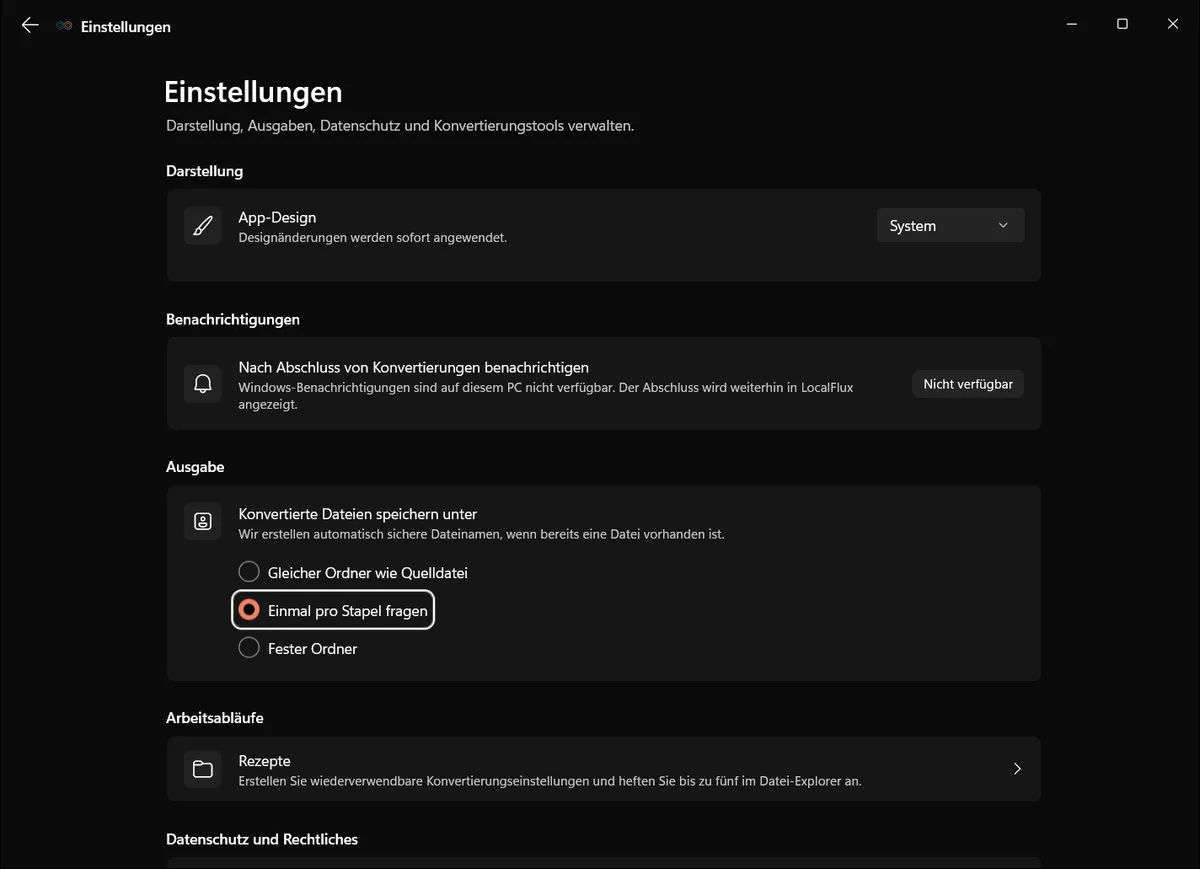 Die deutschen LocalFlux-Einstellungen mit Optionen für den Ausgabeordner.