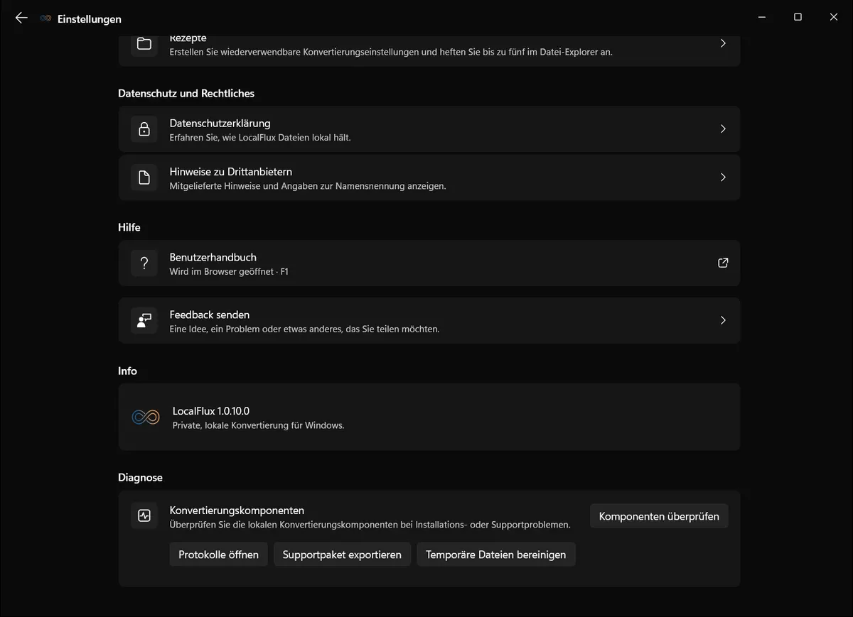 Datenschutz- und Diagnoseeinstellungen von LocalFlux mit lokalen Diagnoseoptionen unter Windows.