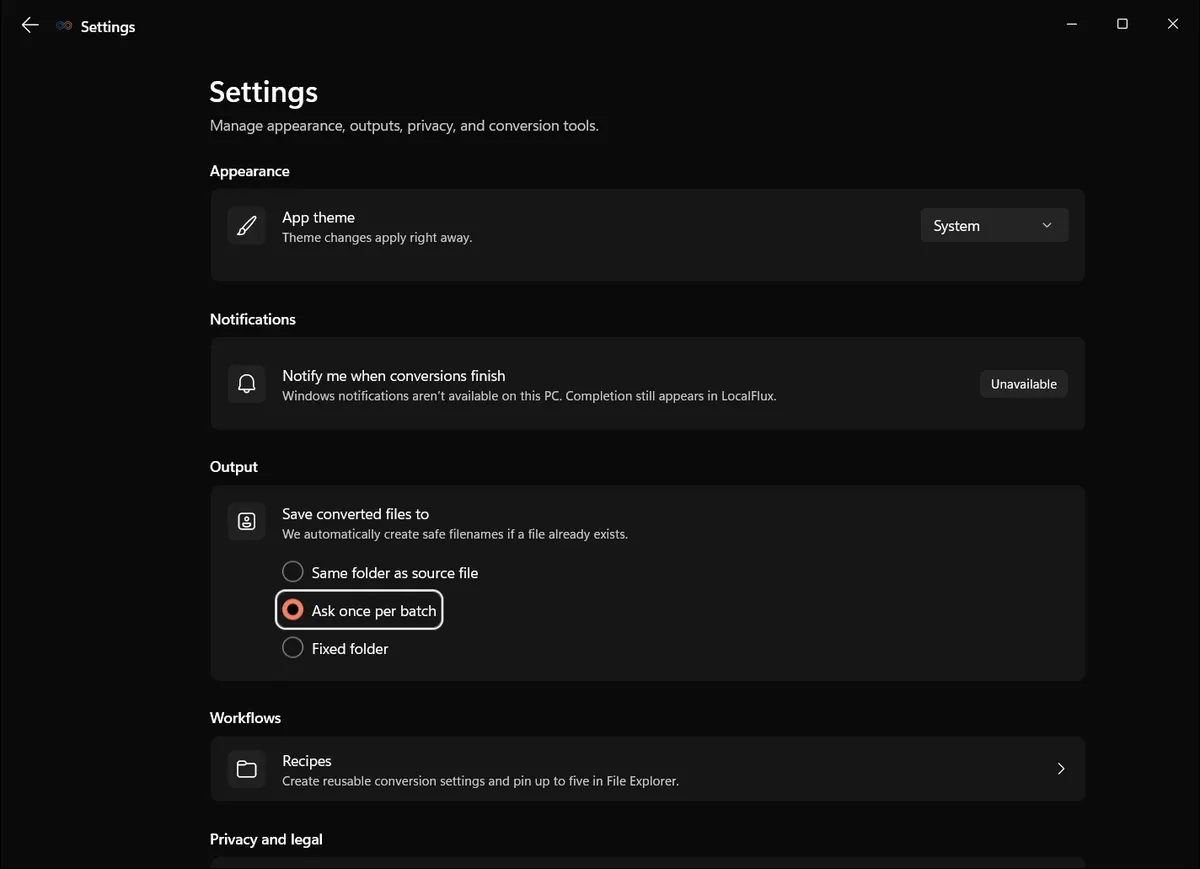 LocalFlux output settings with Ask once per batch selected.