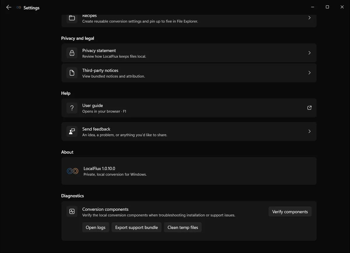 LocalFlux privacy and local diagnostics controls in the reconstructed 1.0.10.0 x64 build.