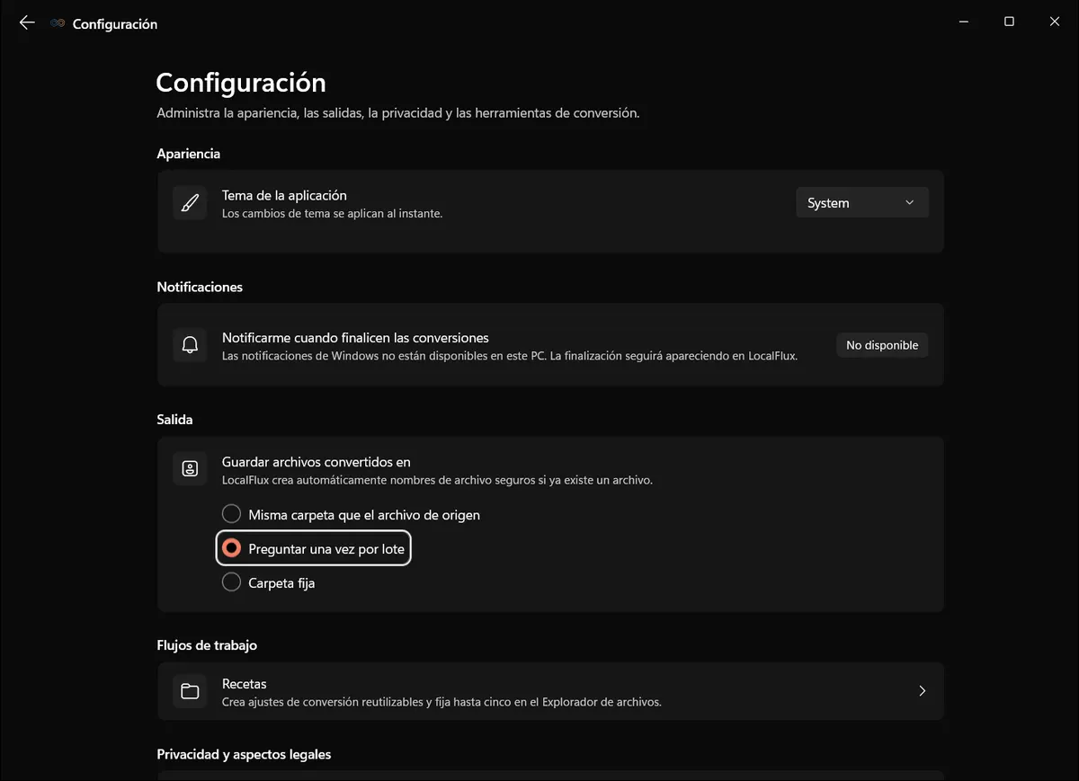 Ajustes de salida de LocalFlux con la opción de preguntar una vez por lote seleccionada.