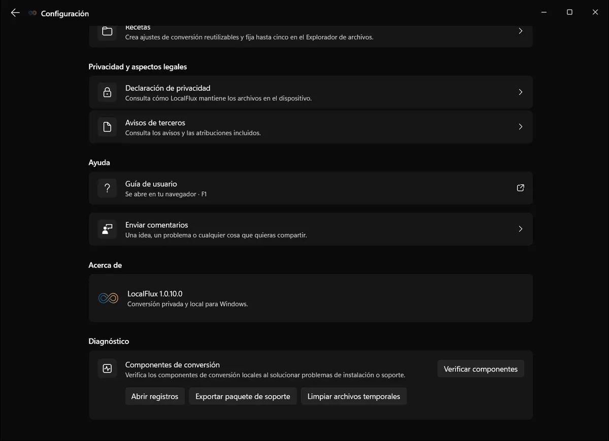 Ajustes de privacidad y diagnóstico de LocalFlux con controles de diagnóstico local en Windows.