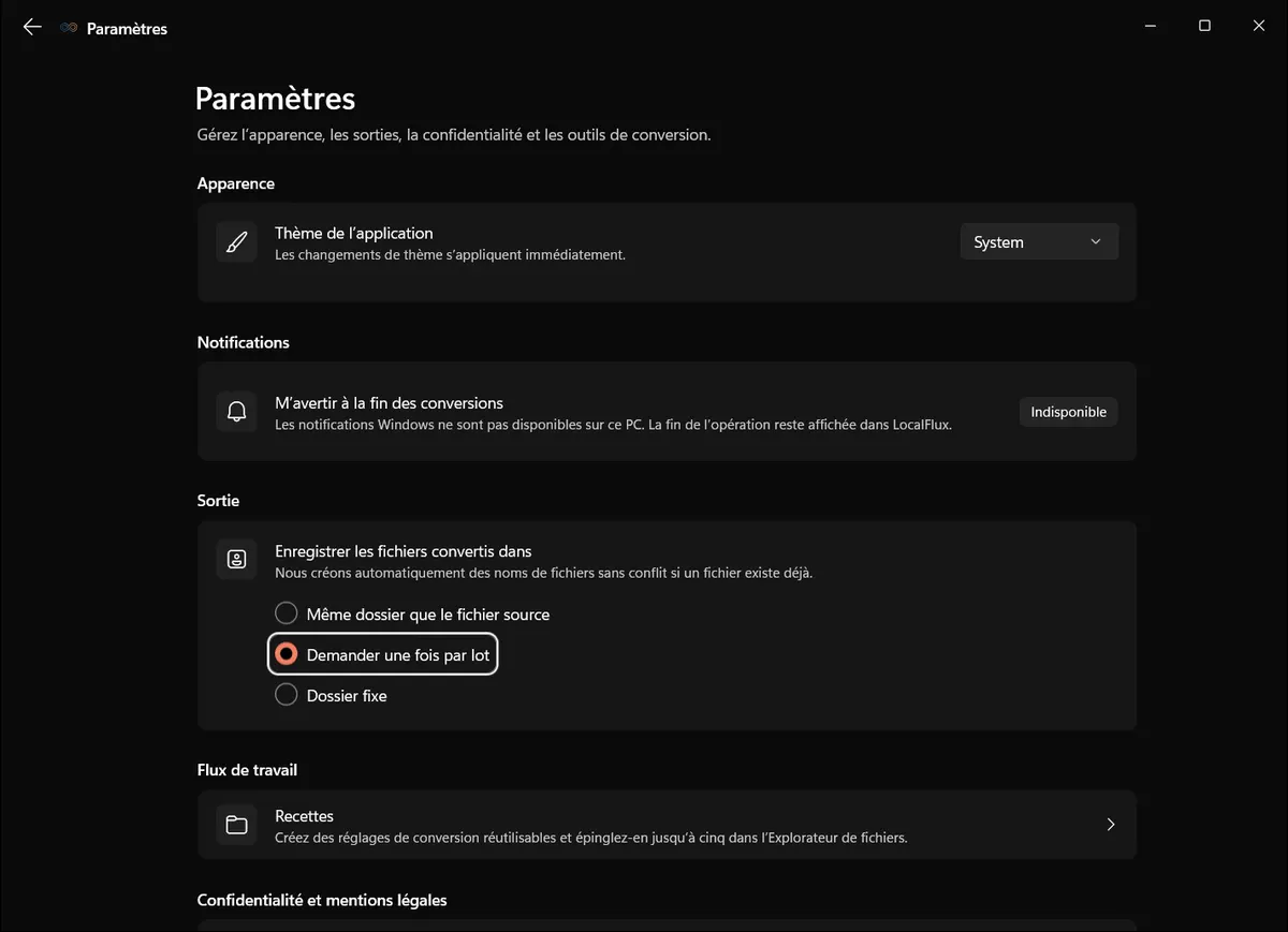 Réglages de sortie LocalFlux avec la demande une fois par lot sélectionnée.