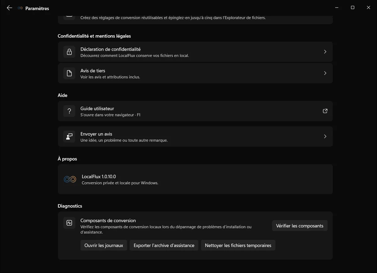 Réglages de confidentialité et de diagnostic de LocalFlux montrant les contrôles de diagnostic local sous Windows.