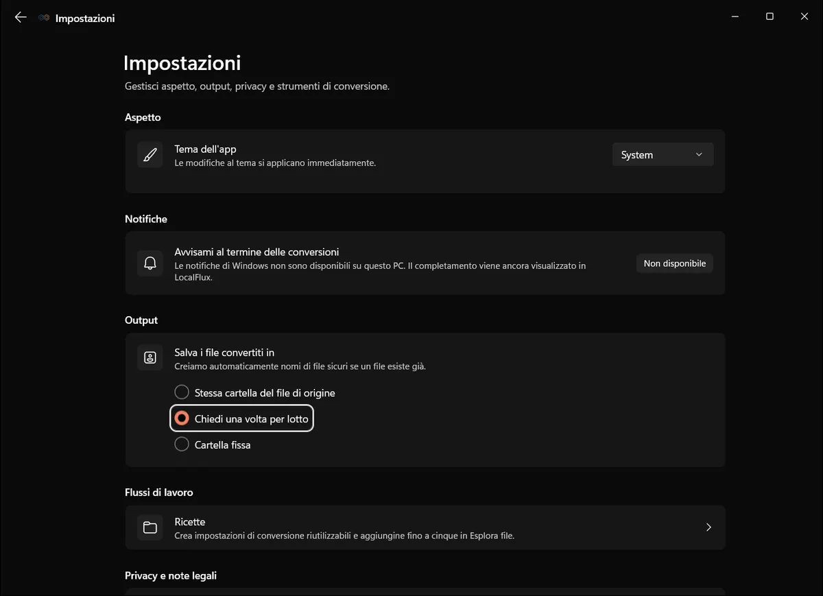 Impostazioni di LocalFlux in italiano con le opzioni per la cartella di destinazione.