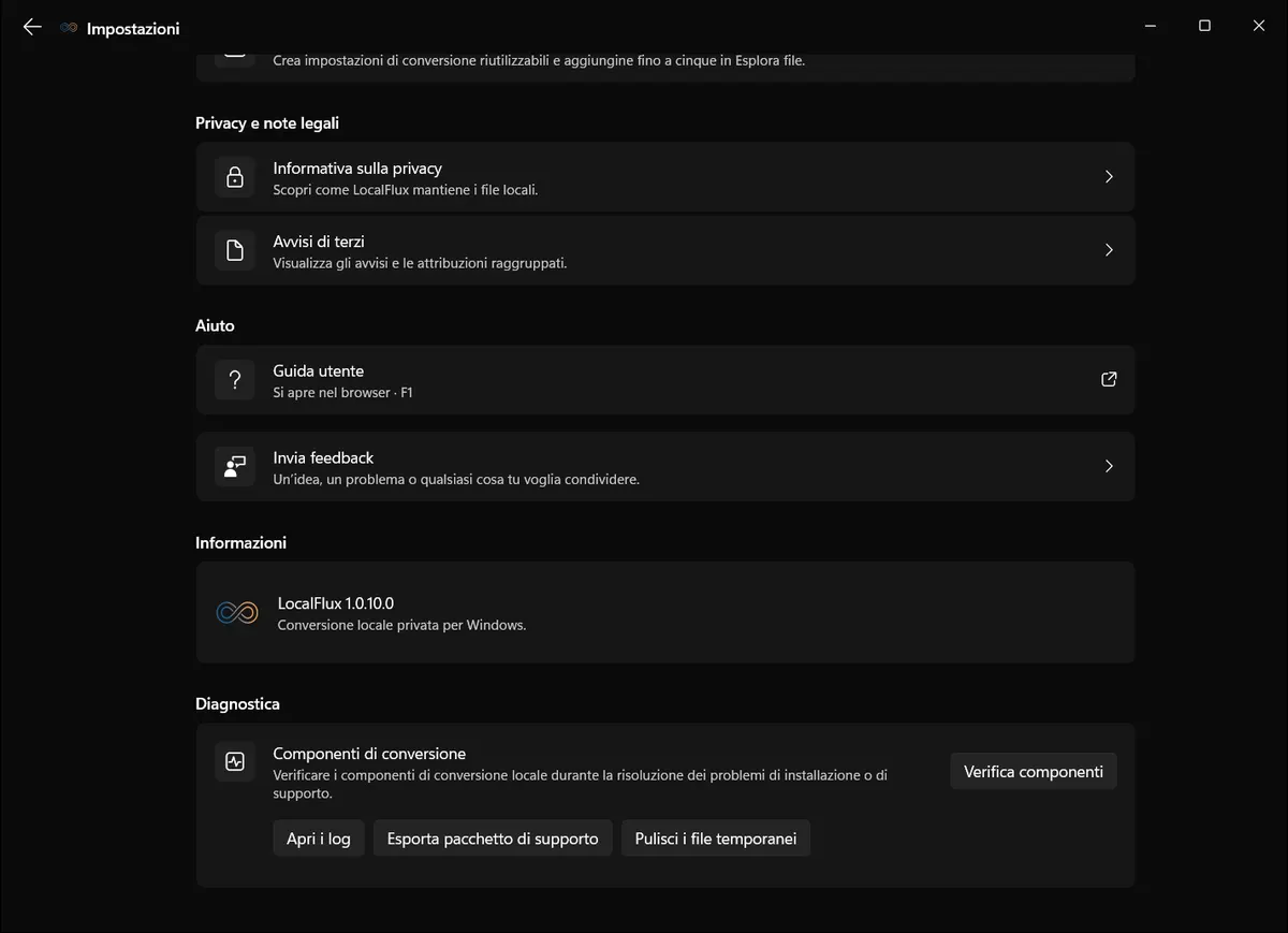 Impostazioni di privacy e diagnostica di LocalFlux che mostrano i controlli diagnostici locali su Windows.
