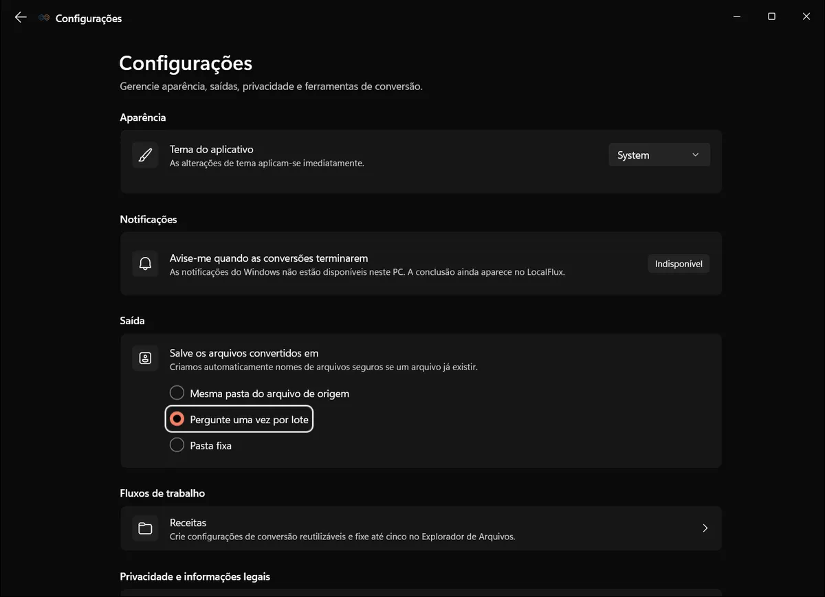 Configurações de saída do LocalFlux com a opção de perguntar uma vez por lote selecionada.