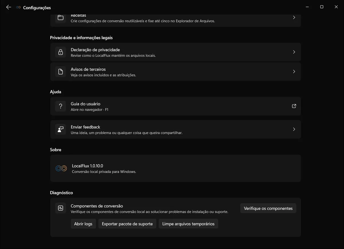 Configurações de privacidade e diagnóstico do LocalFlux mostrando controles de diagnóstico local no Windows.