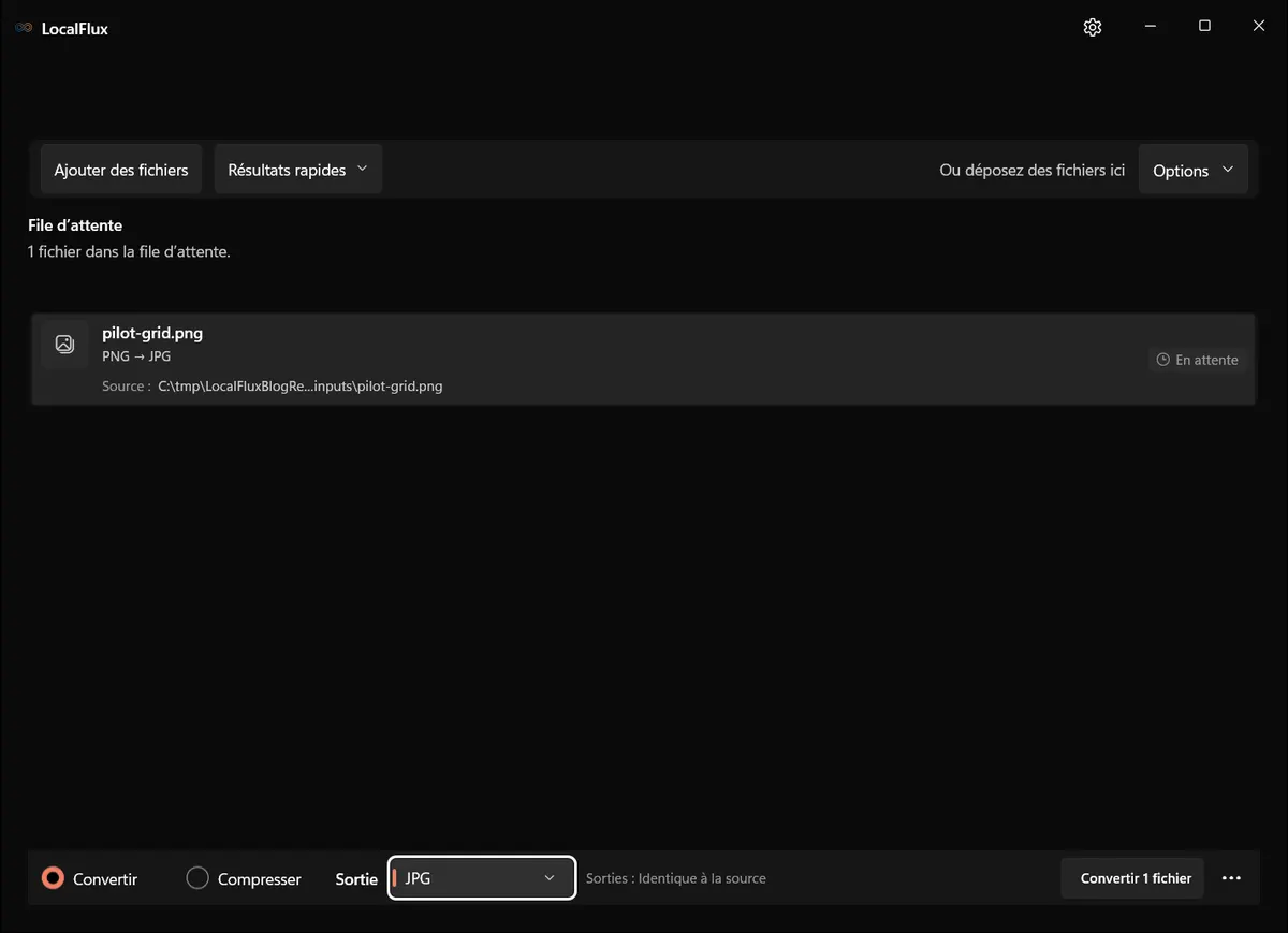 Interface française de LocalFlux avec une image PNG et le format de sortie JPG sélectionné.