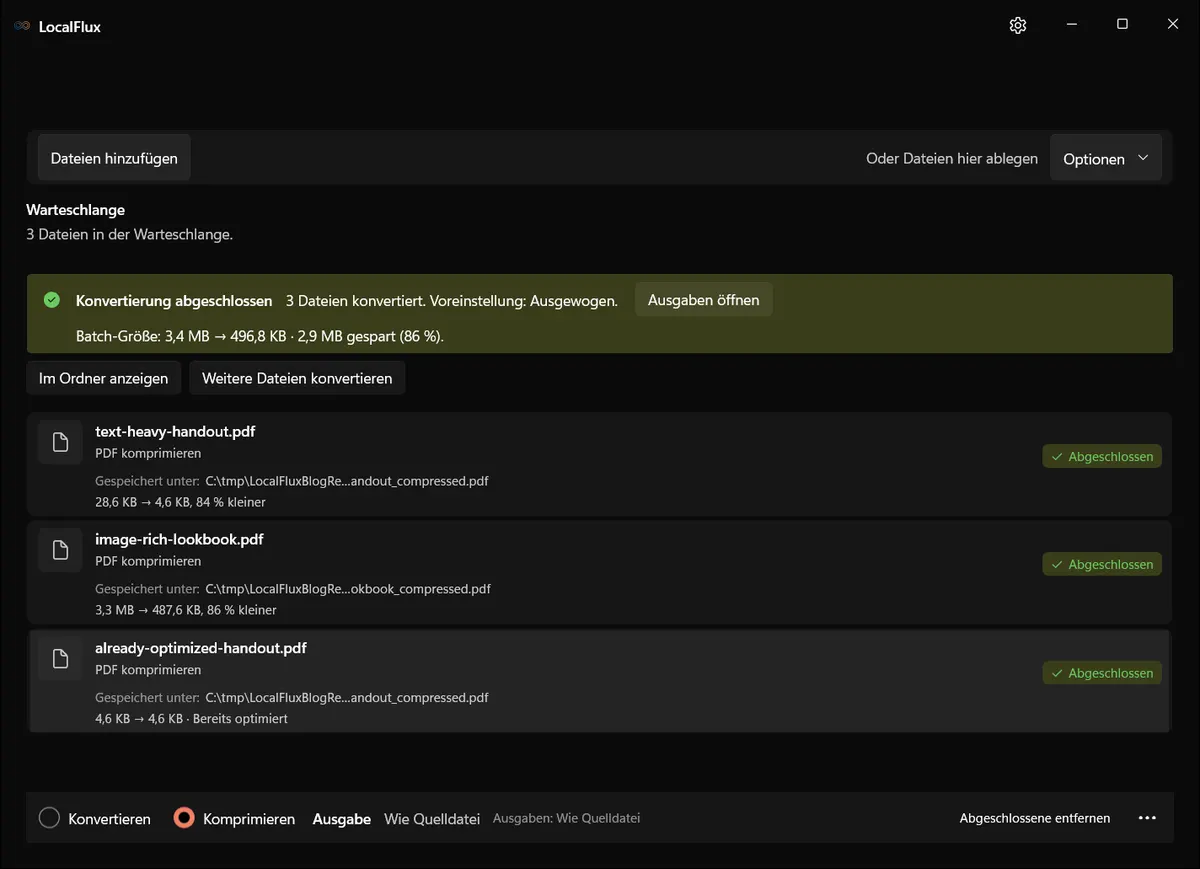LocalFlux zeigt drei abgeschlossene PDF-Komprimierungen und die gemessene Ersparnis.