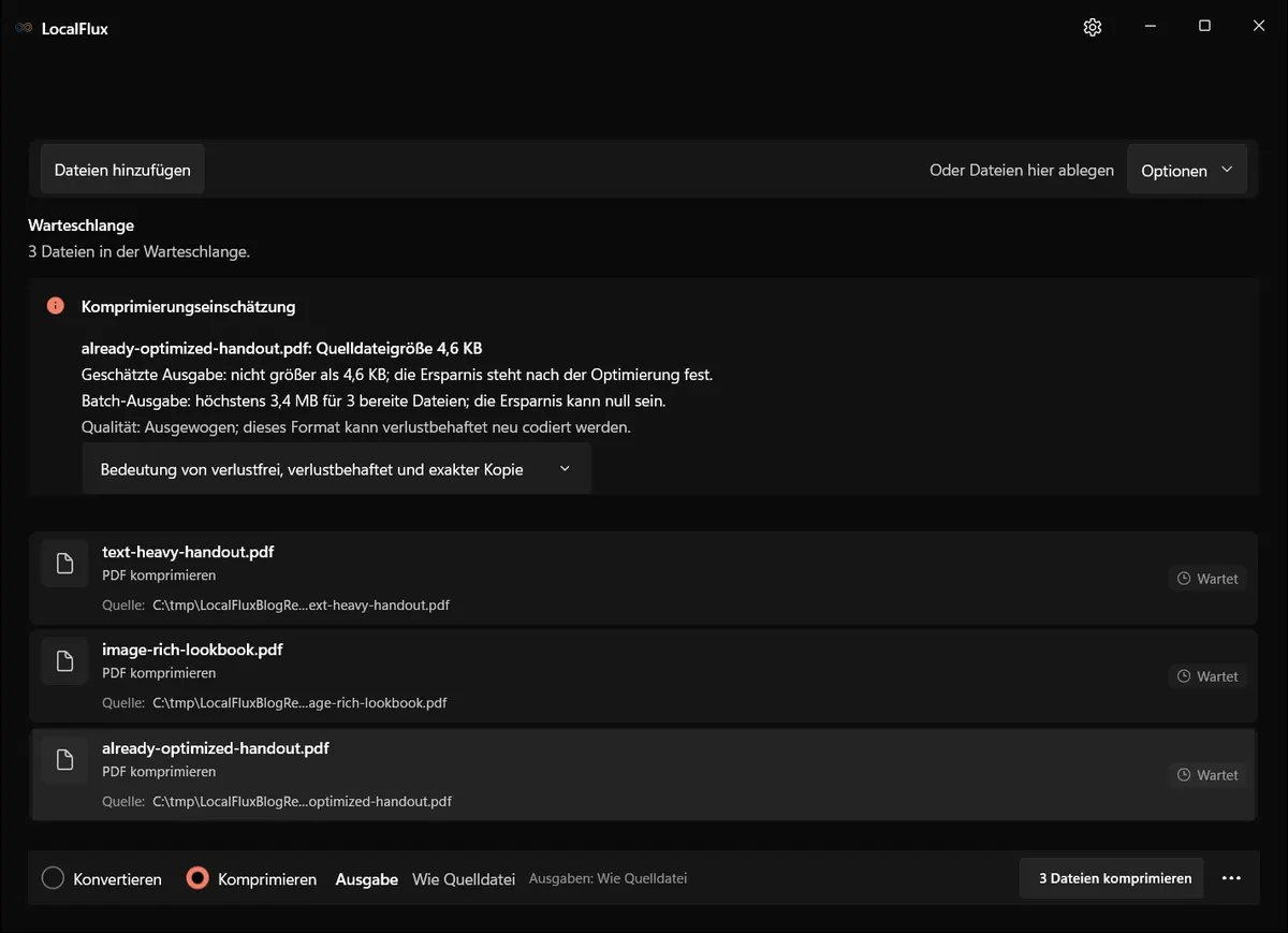 Drei PDF-Dateien stehen mit ausgewähltem Komprimieren in LocalFlux bereit.
