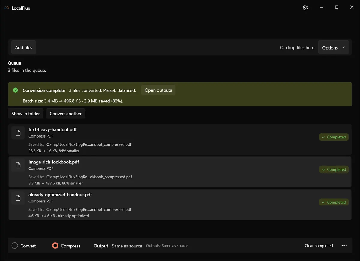 LocalFlux showing three locally compressed PDFs with measured file-size results.