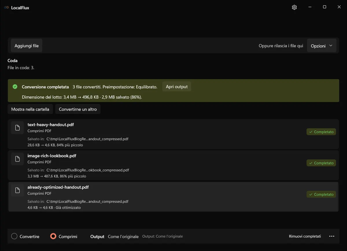 LocalFlux mostra tre processi di compressione PDF completati e il risparmio misurato.