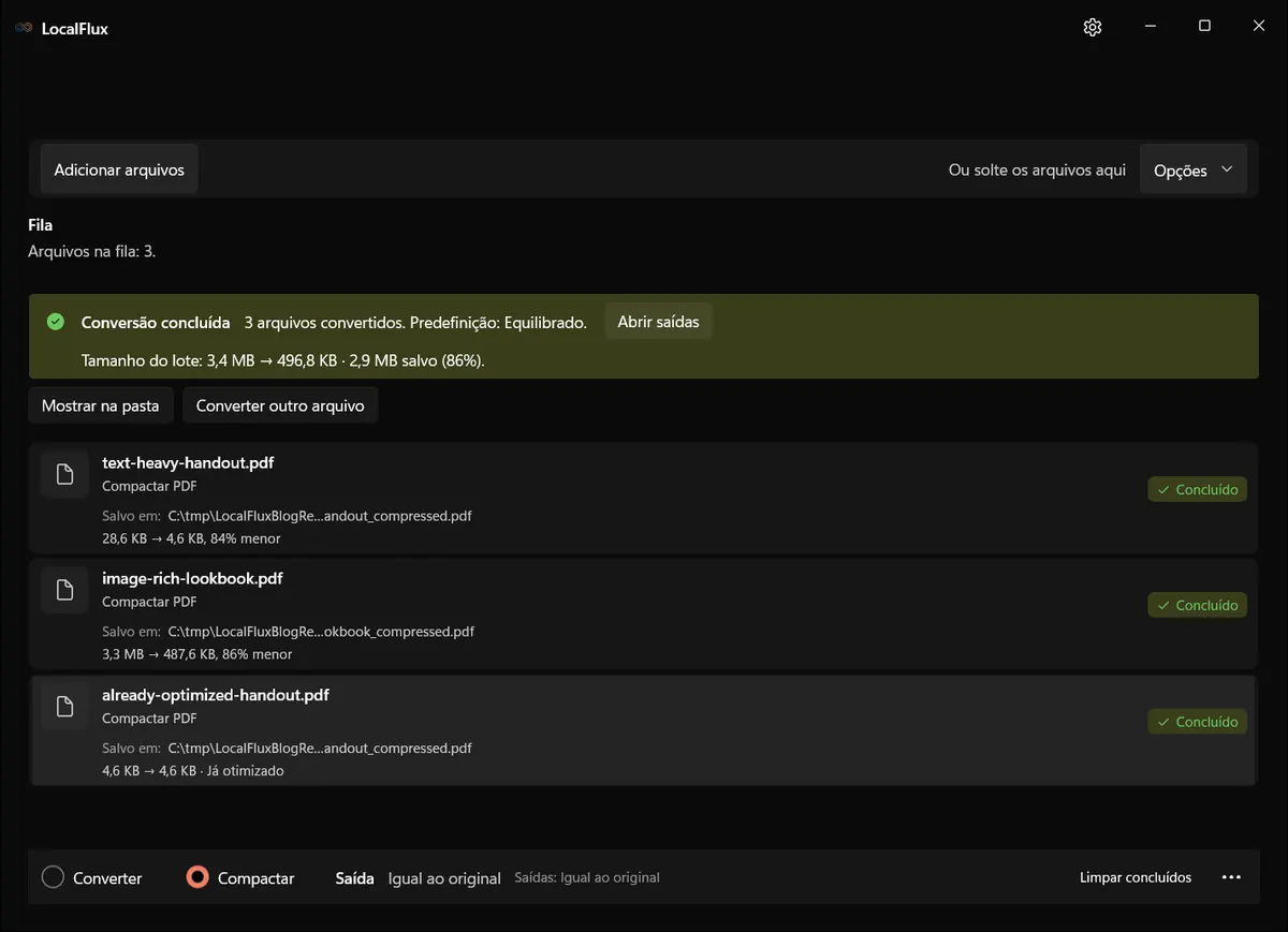 LocalFlux mostrando três trabalhos concluídos de compactação de PDF e a economia medida.