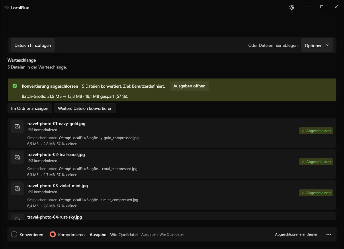 Fünf in LocalFlux komprimierte E-Mail-Fotos mit einer Gesamtgröße von 13,8 MB